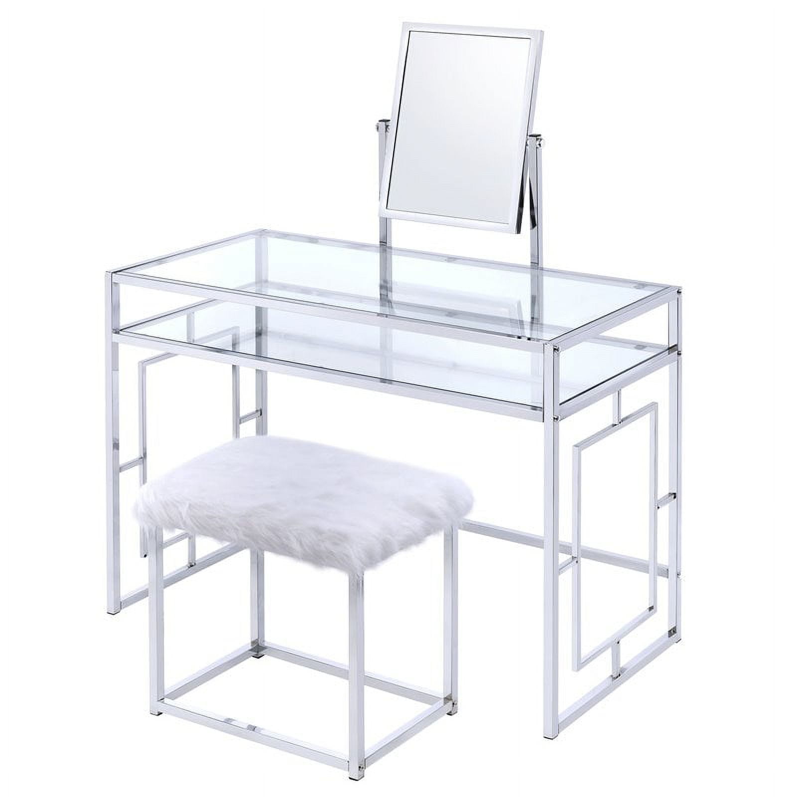 Carenze Chrome & White Faux Fur Vanity Set with Tilt Mirror