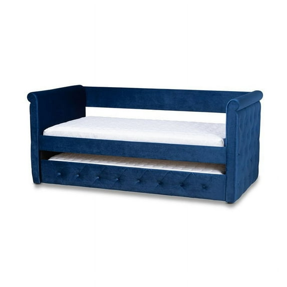 Bowery Hill Velvet and Wood Twin Daybed with Trundle in Navy Blue