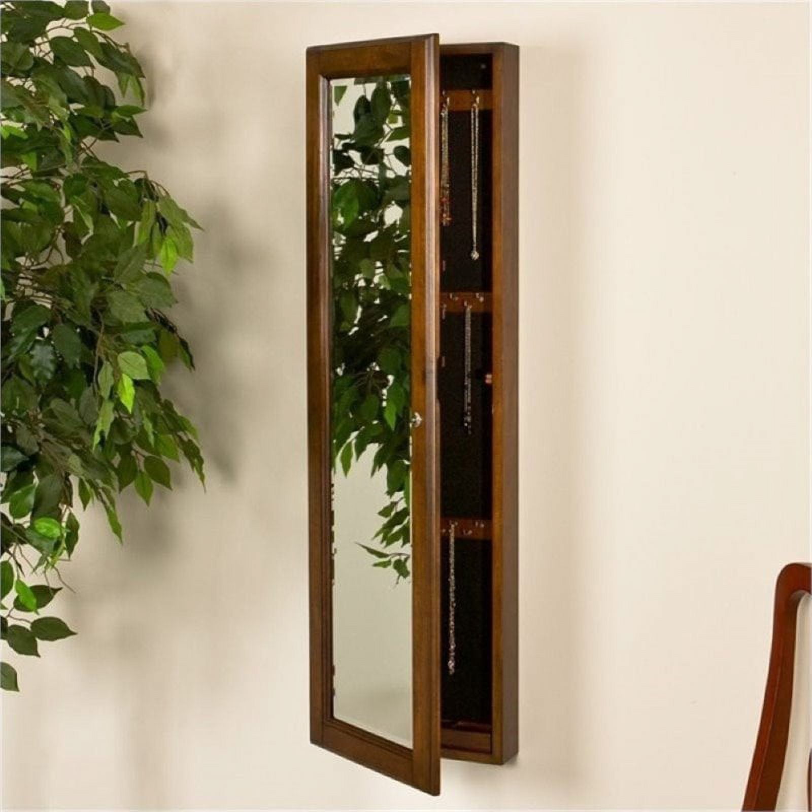 Bowery Hill Wall Mount Jewelry Mirror in Warm Brown Walnut