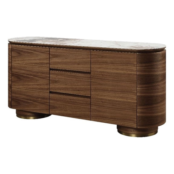 Bowery Hill Walnut Ceramic Top Server with 3 Drawers and 2 Doors