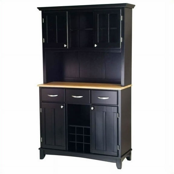 Bowery Hill Wine Rack Buffet with Natural Wood Top and 2 Door Hutch in Black