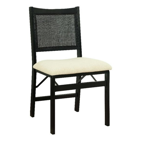 Bowery Hill Wood Folding Side Chair Woven Cane Back Beige Padded Seat in Black