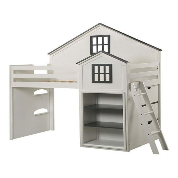 Bowery Hill Wood House-Shaped Loft Bed with Built-in Bookshelf in White & Gray