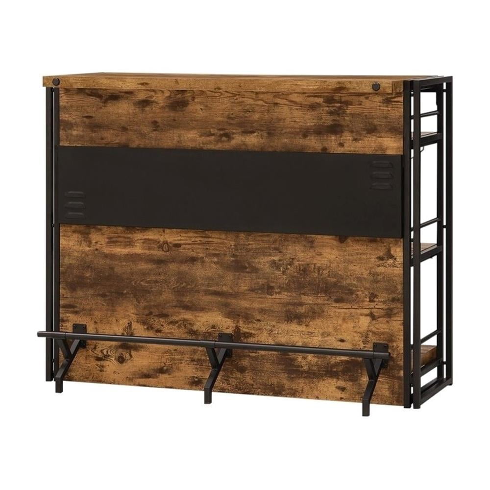 Antique Nutmeg Industrial Wood Bar Unit with Stemware Rack