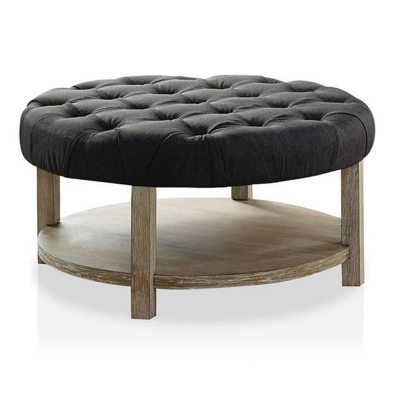 Bowery Hill Wood Tufted Ottoman in Natural and Dark Gray Finish