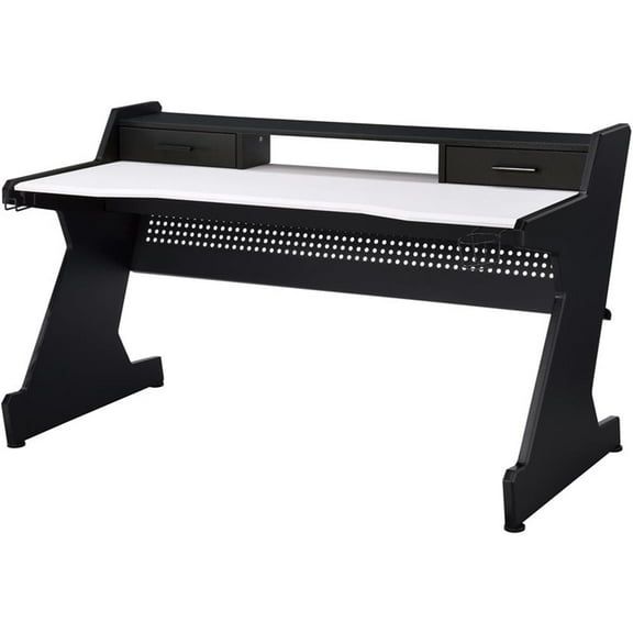 Bowery Hill Wooden Top 2-Drawer Gaming Table with Metal Frame in Black and White