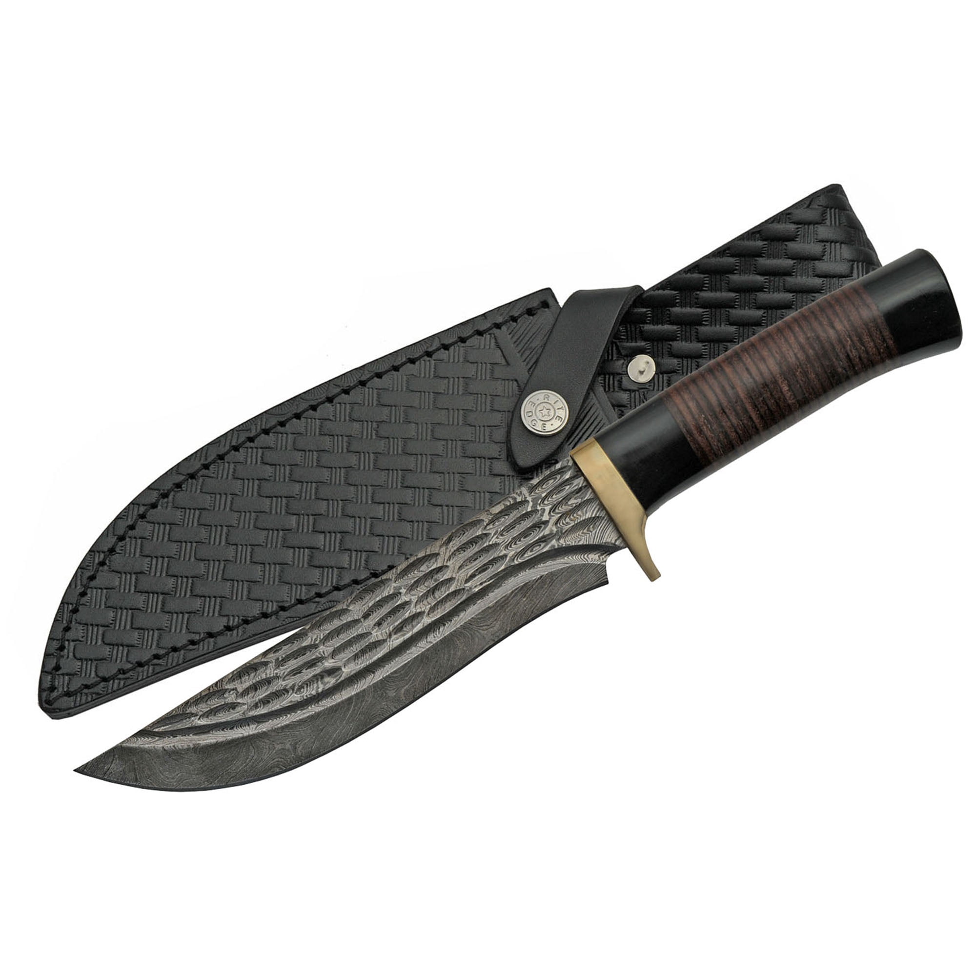 SANZ 12 Inch Wave Fixed Blade Hunting Knife Decorative Grooved Blade Brass Guard Horn and Leather Handle with Sheath Outdoor Utility Knife