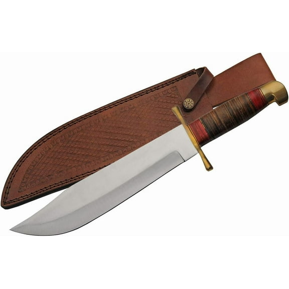 Rite Edge 17" Fixed Blade Bowie Knife with Leather Stacked Handle and Sheath