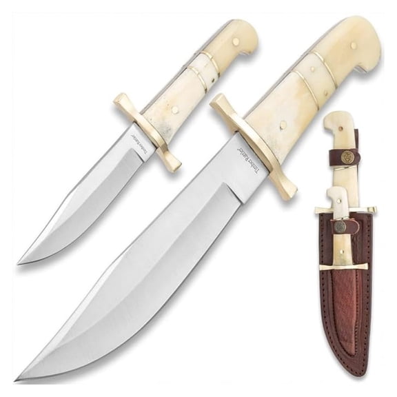 Bowie Knife Set 12" & 8" Stainless Steel Fixed Blade Bone Handle Outdoor Hunting w/Leather Sheath