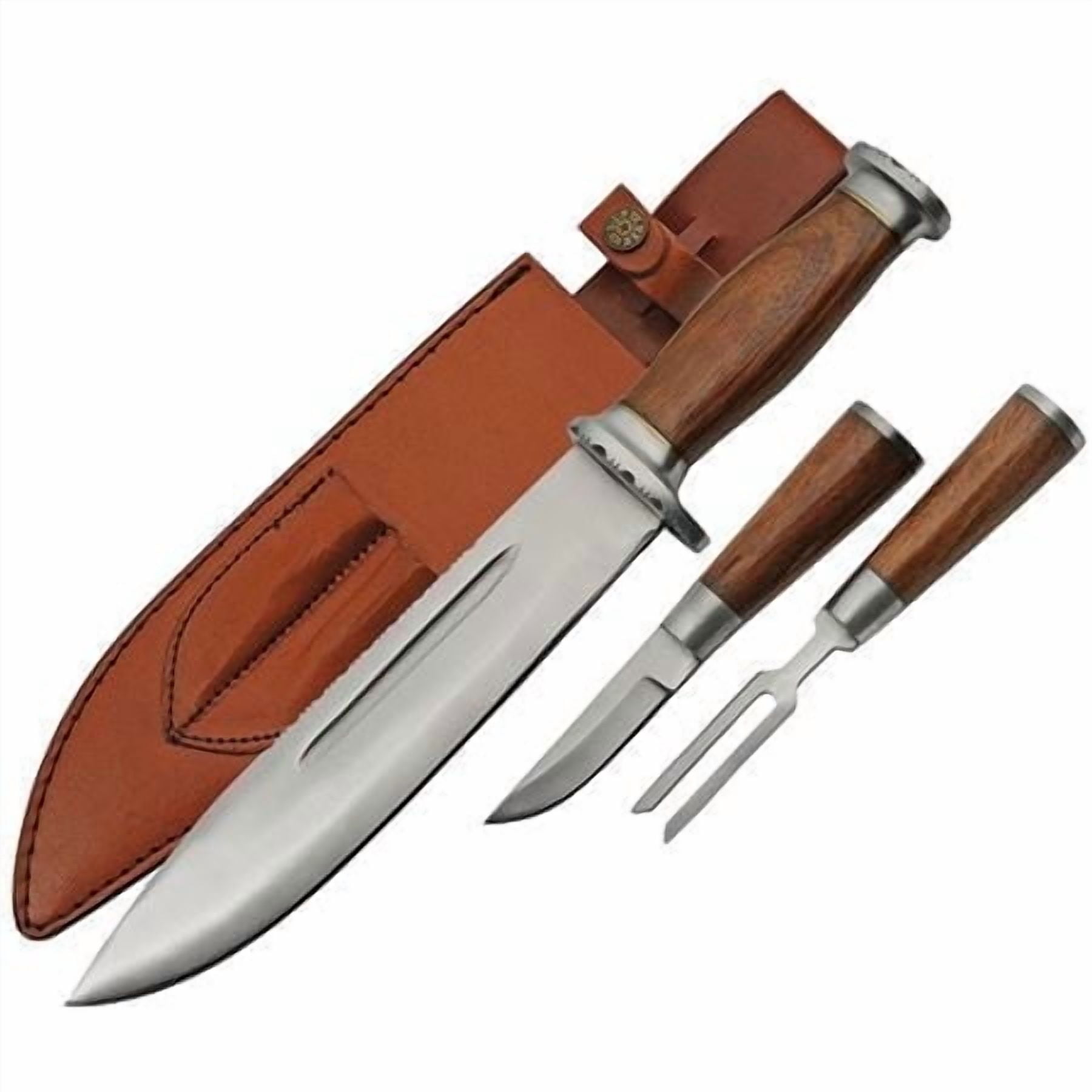 SZCO 15 Inch 3 Piece Bowie Knife Set Stainless Steel Blade Wood Handle Filework Hunting Set With Fork Knife and Leather Sheath Belt Loop