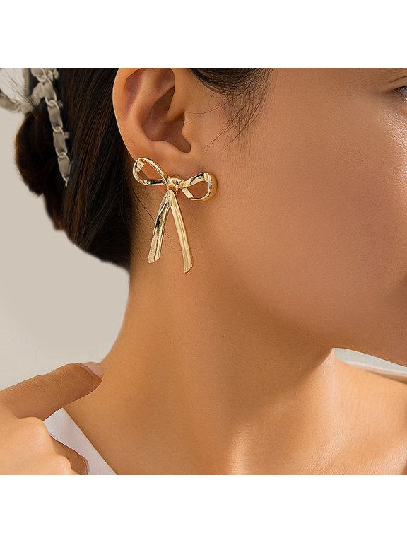 Bowknot Alloy Stud Earrings with Brass Earring Findings Golden 45x35mm for DIY