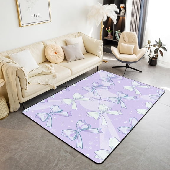 Bowknot Area Rug White Lilac Bow Print Floor Mats Rugs For Kids Girl Women Room Decor, Fashion Bow Tie Decorative Rug For Living Room, Absorbent Carpets 2x3ft