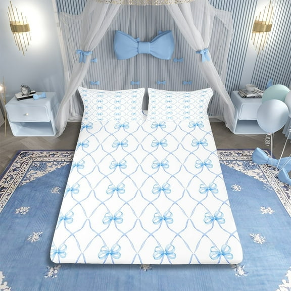 Bowknot Bed Sheets Set King Bow Knot Sheet Set Butterfly Knot Bow Tie Sheets Aesthetic Coquette Bedroom Decor Geometric Cartoon Blue Flat Fitted Sheet