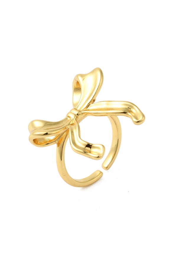Bowknot Brass Open Cuff Finger Rings for Women Cadmium Free & Nickel Free & Lead Free Real 18K Gold Plated 25mm Adjustable