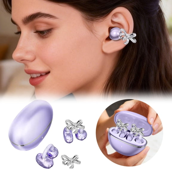 Bowknot Clip-On Wireless Earbuds - Stylish Earphone Earrings with Long Battery Life for Sports & Daily Use