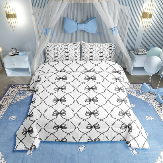 Bowknot Comforter Set Twin Bow Knot Bedding Butterfly Knot Bow Tie Bedding Comforter Sets Aesthetic Coquette Bedroom Decor Geometric Cartoon Black Grey Duvet Insert