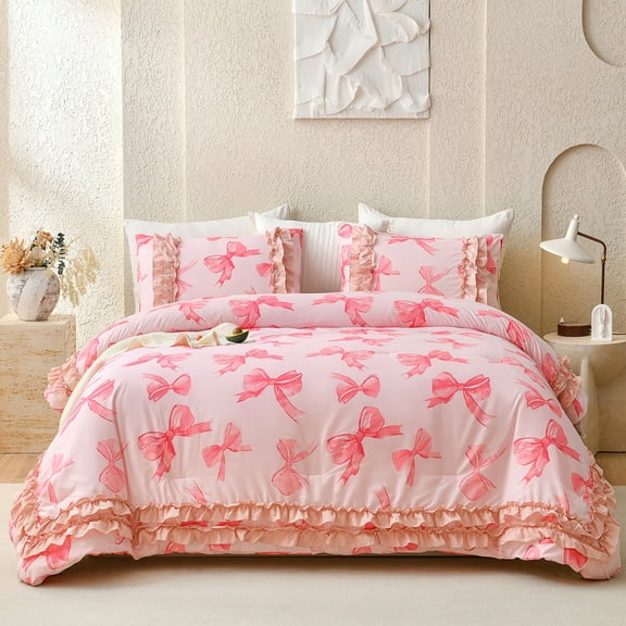 Bowknot Comforter Set White Ruffle Bedding Sets 3 Pcs Pleated Lace Ruffled Bedroom Decor Bow Ties Butterfly Tie Coquette Aesthetic Bedding Comforter for Girls Women