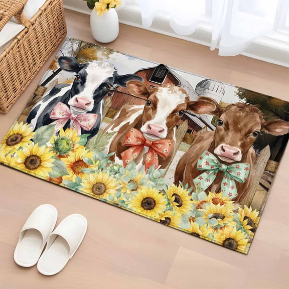 Bowknot Cow 2'x3' Rug for Entryway Front Door Kitchen Sink Area, Retro Barn Fence Cows Sunflowers Floral Low Pile Non Slip Rectangle Area Rug, Machine Washable Indoor Outdoor Mat