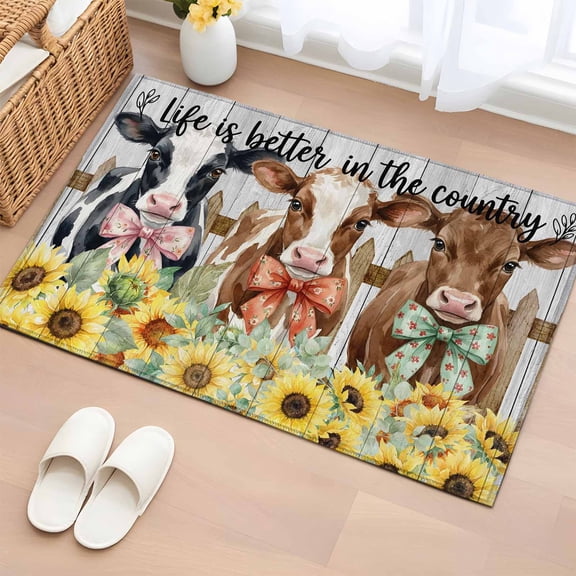 Bowknot Cow 2'x3' Rug for Entryway Front Door Kitchen Sink Area, Retro Fence Cows Sunflowers Floral Wood Grain Low Pile Non Slip Rectangle Area Rug, Machine Washable Indoor Outdoor Mat