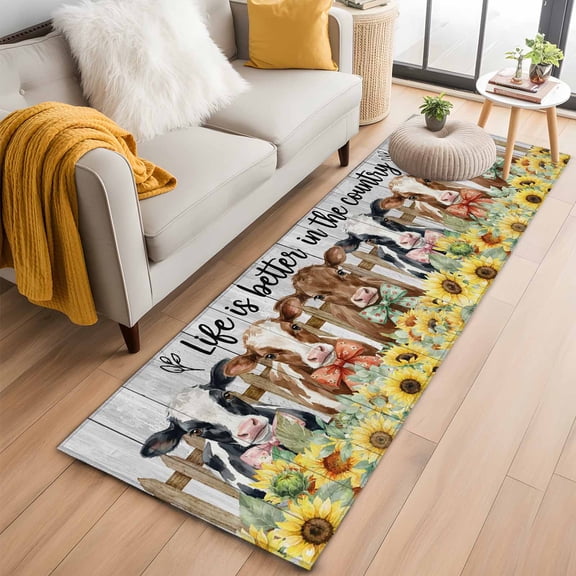 Bowknot Cow 2'x6' Runner Rug for Hallway Walkway Kitchen Galley, Retro Fence Cows Sunflowers Floral Wood Grain Low Pile Non Slip Long Area Rug, Machine Washable Indoor Outdoor Mat