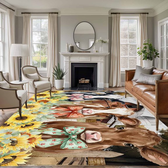 Bowknot Cow 8'x10' Large Area Rug for Living Room Sectional Sofa, Retro Barn Fence Cows Sunflowers Floral Non Slip Low Pile Rectangle Area Rug, Machine Washable Indoor Outdoor Mat