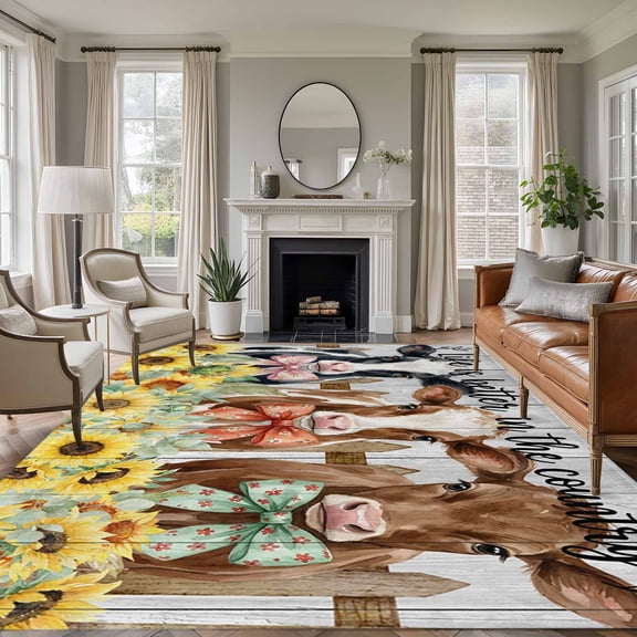 Bowknot Cow 8'x10' Large Area Rug for Living Room Sectional Sofa, Retro Fence Cows Sunflowers Floral Wood Grain Non Slip Low Pile Rectangle Area Rug, Machine Washable Indoor Outdoor Mat