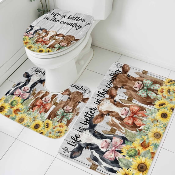 Bowknot Cow Bathroom Rugs Set Retro Fence Cows Sunflowers Floral Wood Grain Non Slip Absorbent Soft Bath Mats 3 Piece Set with Bathroom Rug, U-Shaped Floor Mat, Toilet Seat Cover Small Size