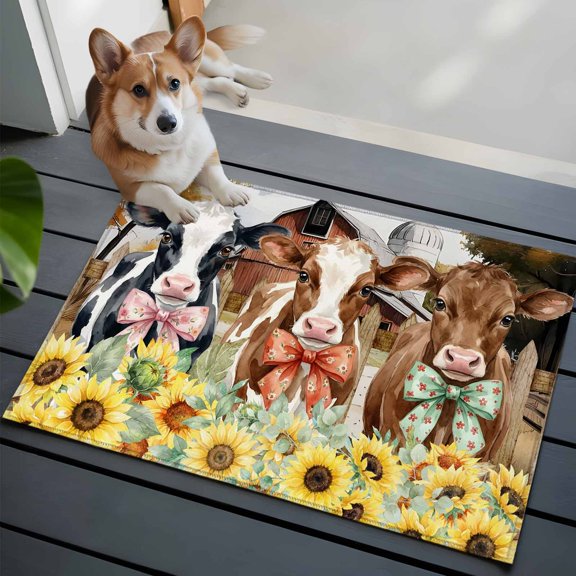 Bowknot Cow Front Door Rugs 2x3 ft Retro Barn Fence Cows Sunflowers Floral Small Rug for Entryway Non Slip Washable Bathroom Door Mat Absorbent Floor Mat for Indoor Entrance
