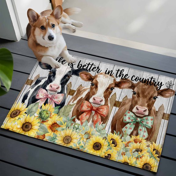 Bowknot Cow Front Door Rugs 2x3 ft Retro Fence Cows Sunflowers Floral Wood Grain Small Rug for Entryway Non Slip Washable Bathroom Door Mat Absorbent Floor Mat for Indoor Entrance