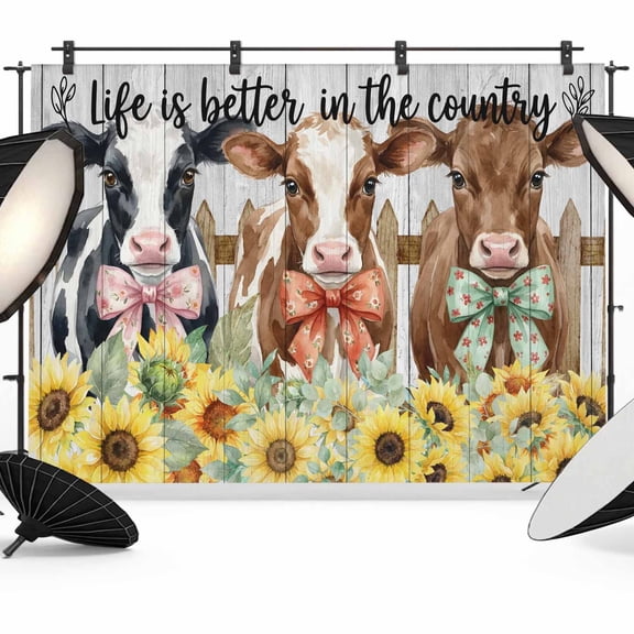 Bowknot Cow Photography Backdrop 7x5FT, Retro Fence Cows Sunflowers Floral Wood Grain Photo Backdrops, Background for Photography Studio Photo Studio Background, Back Drop for Photoshoot