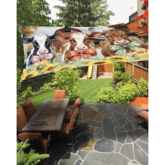 Bowknot Cow Sun Shade Sail 12'X16' Retro Barn Fence Cows Sunflowers Floral UV Block Outdoor Sail Shades Breathable Waterproof Rectangular Sunshade for Patio Garden Pool Pergola Porch