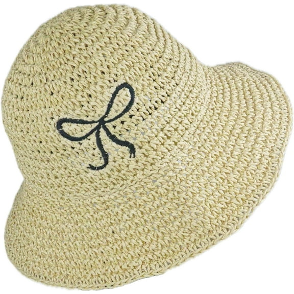 Bowknot Crochet Bucket Hat for Women and Girls, Soft Handmade Straw Sun Beach Hat Foldable Cap for Summer Holiday