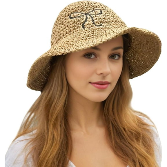 Bowknot Crochet Bucket Hat for Women and Girls, Soft Handmade Straw Sun Beach Hat Foldable Cap for Summer Holiday
