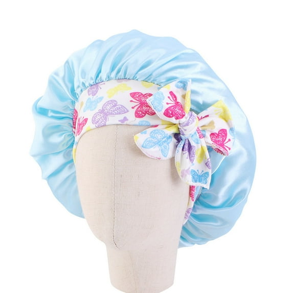 Bowknot Decor Kids Satin Bonnet Elastic Night Sleep Cap Reversible Solid Color