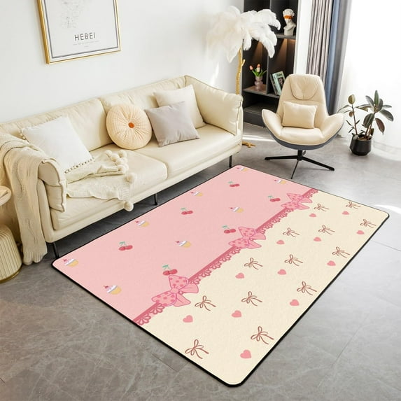 Bowknot Girlish Area Rug,Kawaii Red Cherry Cake Dessert Graffiti Rugs For Living Room Bedroom,Princess Bow Dreamy Lace Pink Beige Decorative Rug For Living Room Bedside 5x6ft