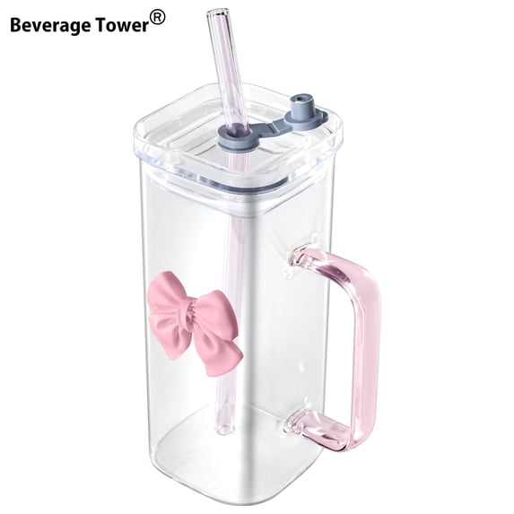 Bowknot Glass Cup with Handle, Lovely Bow Glass Cup with Straw & Lid, Transparent Long Glass Cup, Clear Glass Lemon Tea Cup, Milk Glass Cup, Coffee Mug for Home Office Cafe
