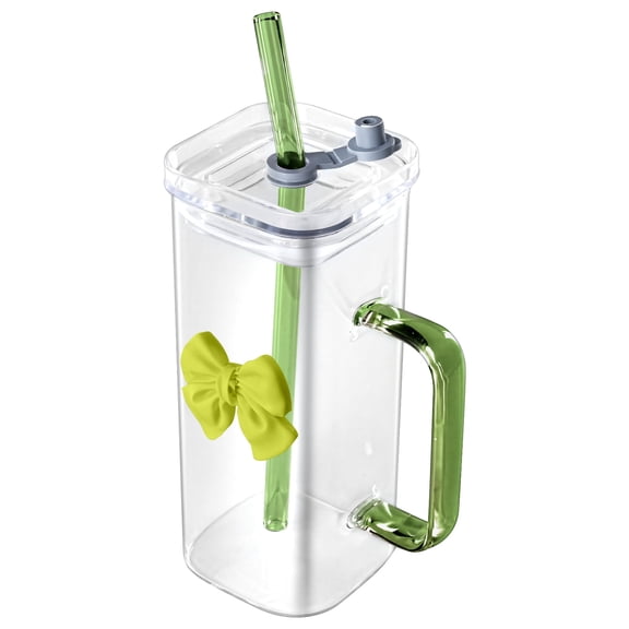 Bowknot Glass Cup with Handle, Lovely Bow Glass Cup with Straw & Lid, Transparent Long Glass Cup, Clear Glass Lemon Tea Cup, Milk Glass Cup, Coffee Mug for Home Office Cafe