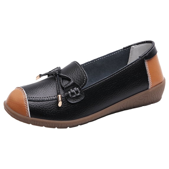 Bowknot Leather Loafers for Women Lightweight Walking Flats Comfortable Wide Toe Box Non Slip Work Shoes Black Size 7.5