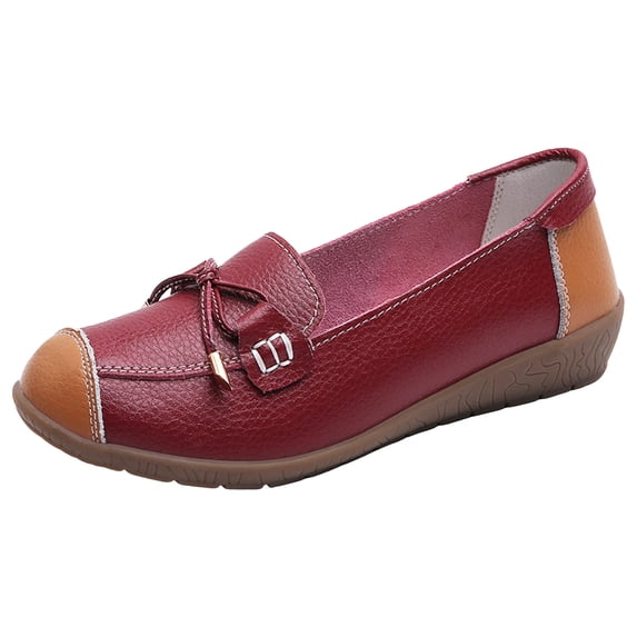 Bowknot Leather Loafers for Women Lightweight Walking Flats Comfortable Wide Toe Box Non Slip Work Shoes Red Size 8.5