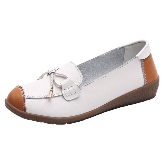 Bowknot Leather Loafers for Women Lightweight Walking Flats Comfortable Wide Toe Box Non Slip Work Shoes White Size 9