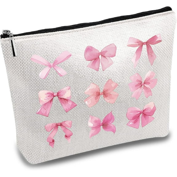 Bowknot Makeup Bags Canvas Cosmetic Bag Pink Elegant Bow Multi Purpose Zipper Pouches Toiletry Travel Storage Bag Purse Portable Makeup Large Storage Organizer for Women 10 x 7Inch
