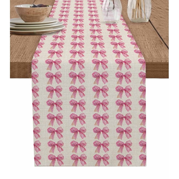 Bowknot Pink Burlap Cotton Table Runner 13x36 Inches Short, Farmouse Bow Ribbon Tie Aesthetics Farmhouse Table Runners, Outdoor Dining Tablecloths Decor for Baby Shower/Party/Wedding