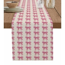 Bowknot Pink Burlap Cotton Table Runner 18x72 Inches Long, Farmouse Bow Ribbon Tie Aesthetics Farmhouse Table Runners, Outdoor Dining Tablecloths Decor for Baby Shower/Party/Wedding