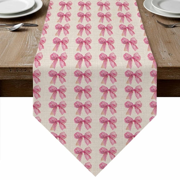 Bowknot Pink Table Runner Linen Burlap Table Runner 36 Inches Small Farmouse Bow Ribbon Tie Aesthetics Dresser Scarves for Kitchen Island Coffee Dining Party Wedding Banquet Holiday Decor 13"x36"