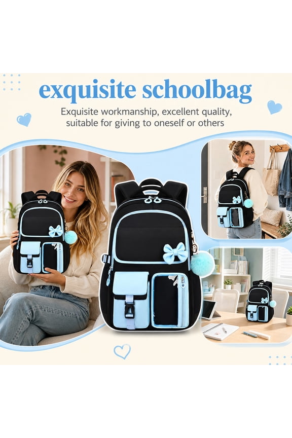 Bowknot & Pom-Pom Backpack, Multi-Pocket Canvas Daypack for College & Commute, Water-Resistant School Bag with Fluffy Charm, 16.93" x 11.81" x 6.69"
