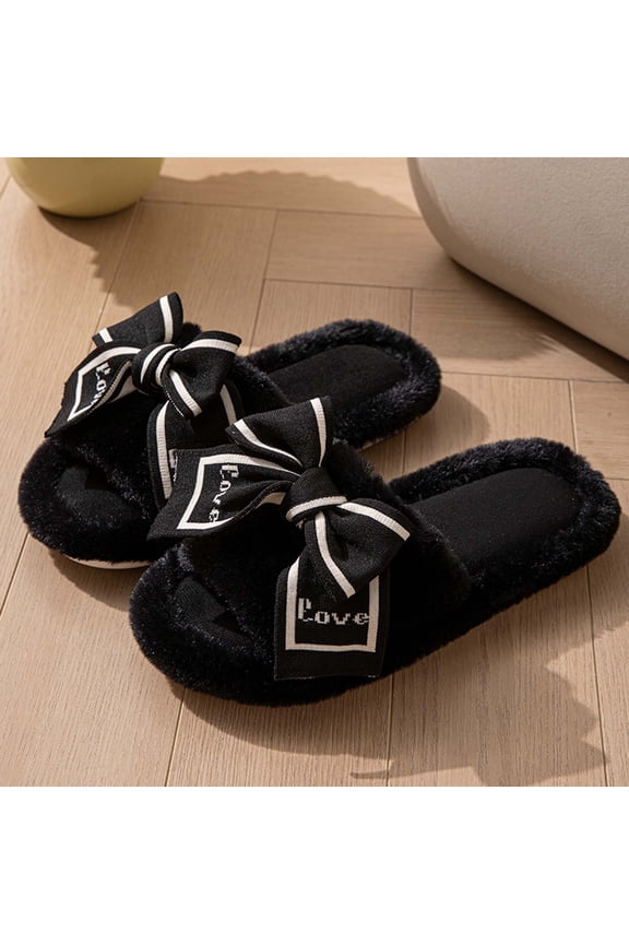 Bowknot Ribbon Pattern Slippers Ladies Opening Open Toe Cute Sweet Bow Female Home Slippers Black CN:38(US:7)