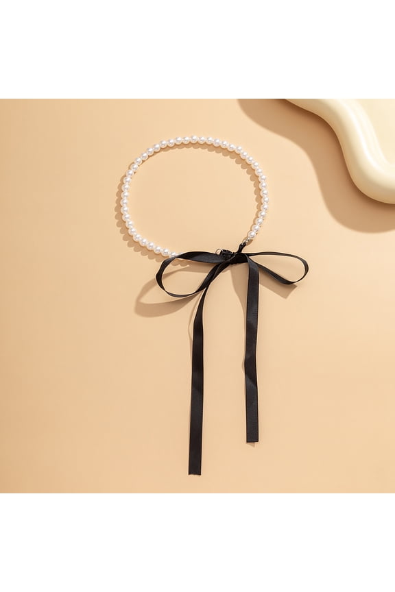 Bowknot Satin Cord Plastic Imitation Pearl Round Beaded Choker Necklaces for Women Black 14.96 inch(38cm)