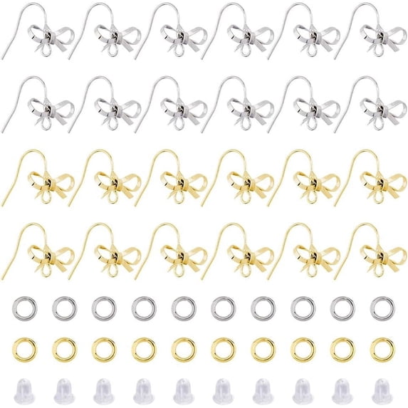 Bowknot Shape Brass Earring Hooks Bowknot Ear Wire with Brass Jump Rings Platinum & Golden 22 Gauge 16x15mm Hole: 2mm Pin: 0.6mm