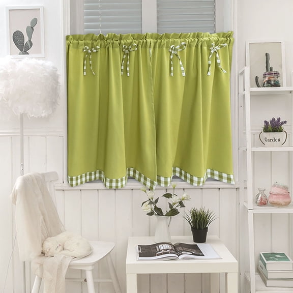 Bowknot Short Curtain with Checkered Border for Kitchen Bathroom or Small Window