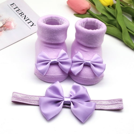 Bowknot Socks and Hairband Sets for Baby Grils, Knitted Soft Socks Headband Photography Props Gifts for Unisex Newborn (Purple M)